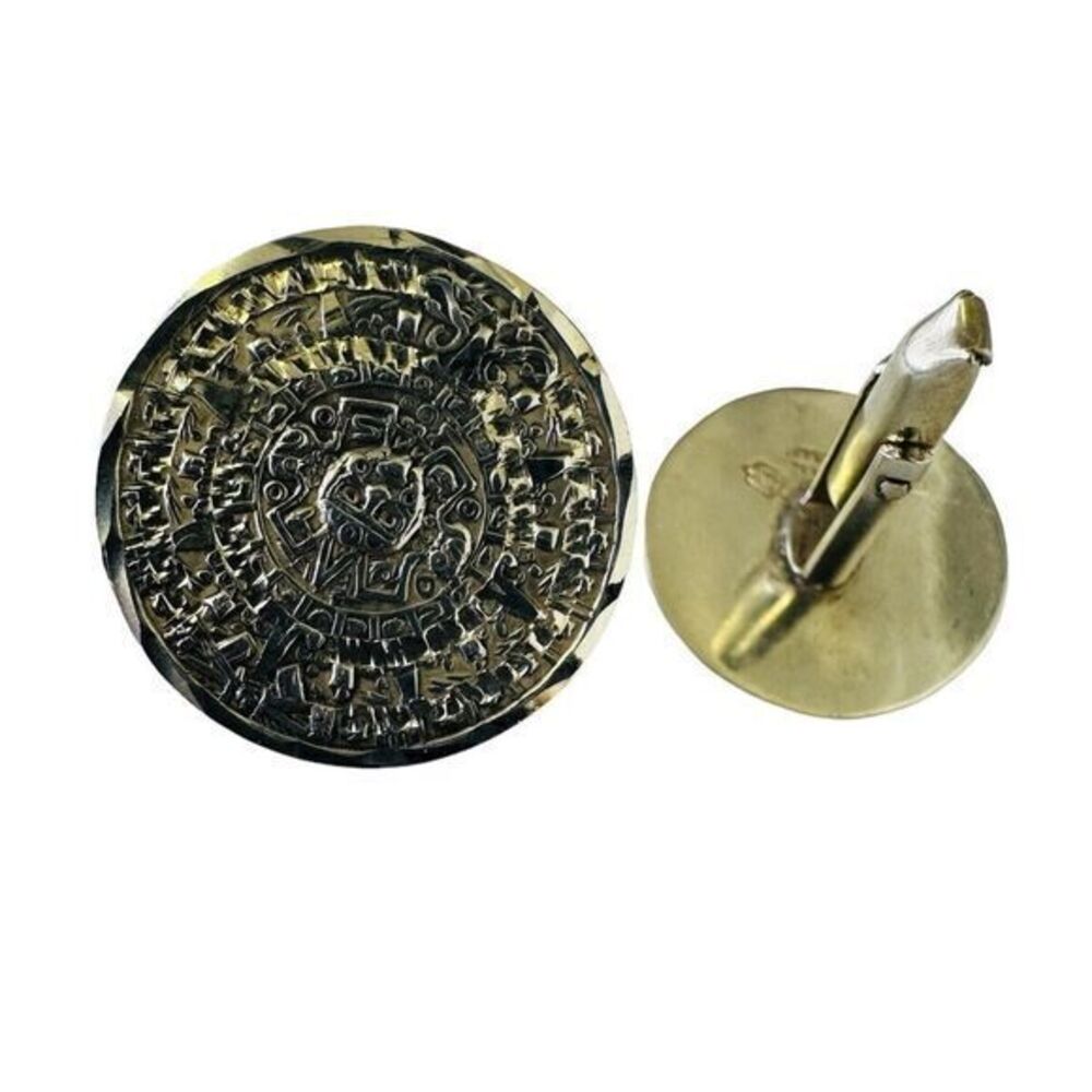 MEXICO 925 Sterling Silver Mayan Aztec Sun Calendar Cufflinks Vintage 10.62g